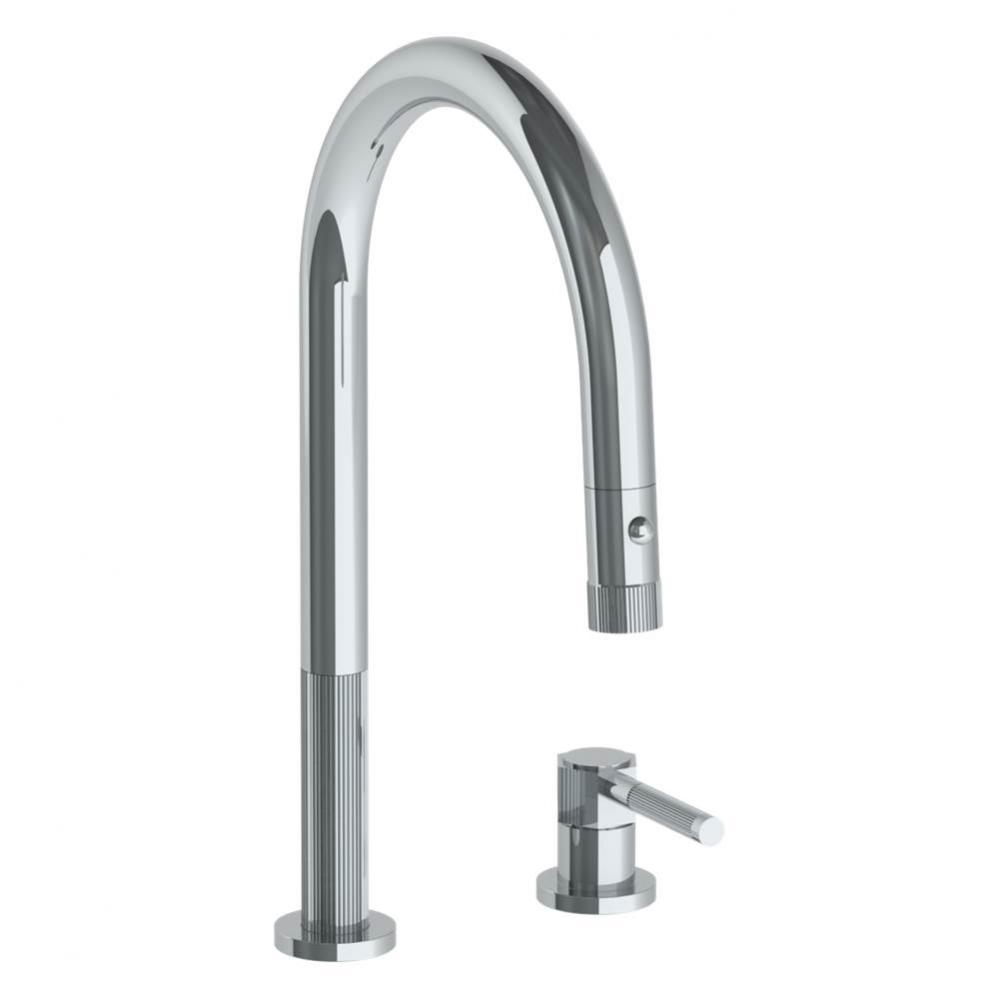Deck Mounted 2 Hole Gooseneck Kitchen Faucet with Pull Down Spray