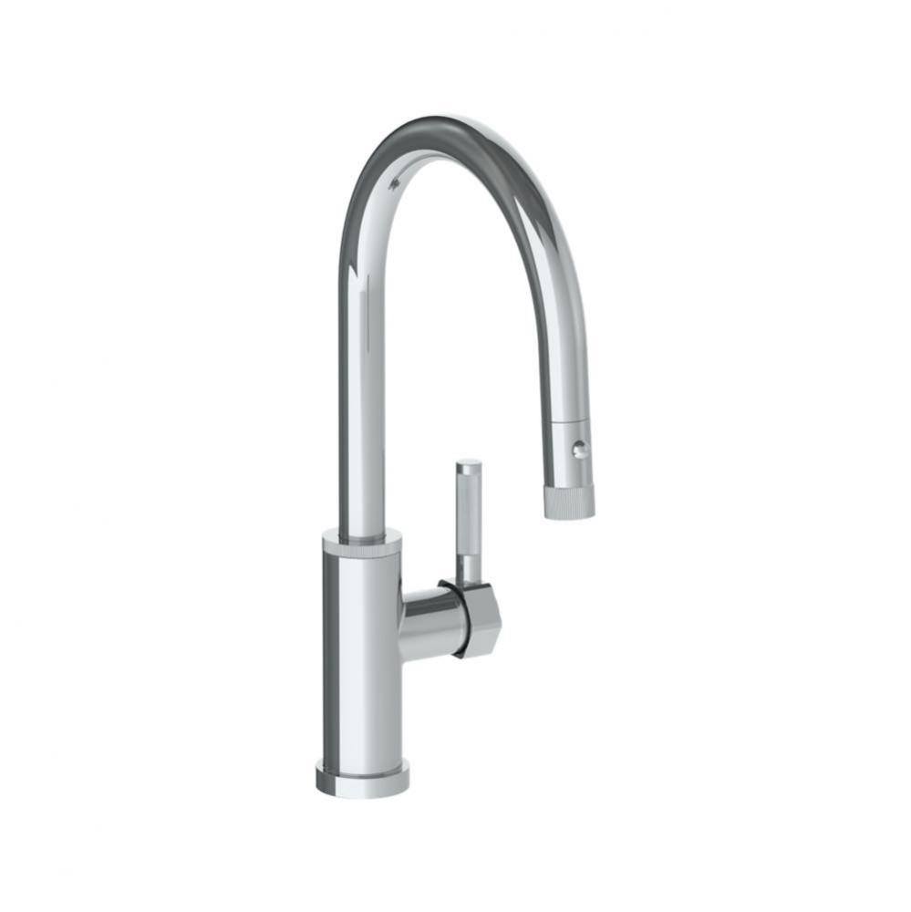 Deck Mounted 1 Hole Gooseneck Kitchen Faucet with Pull Down Spray - Low Spout