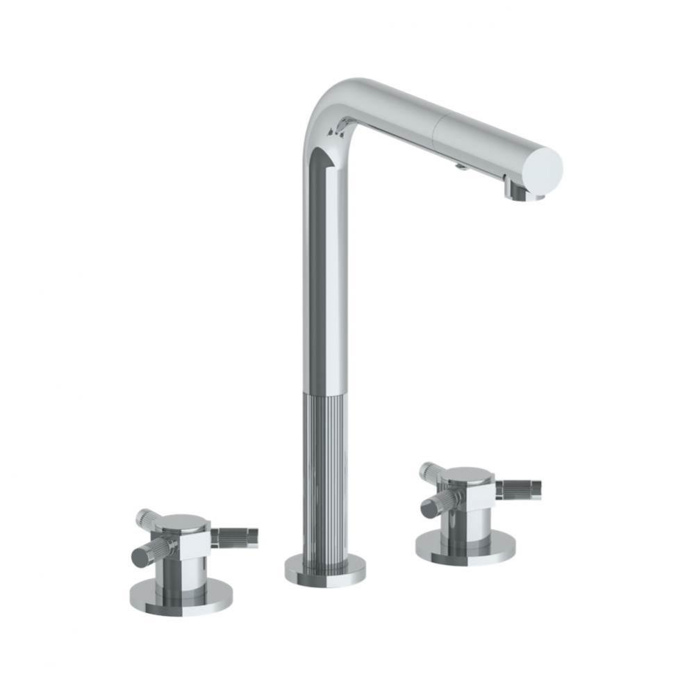 Deck Mounted 3 Hole Square Top Kitchen Faucet with Pull Out Spray