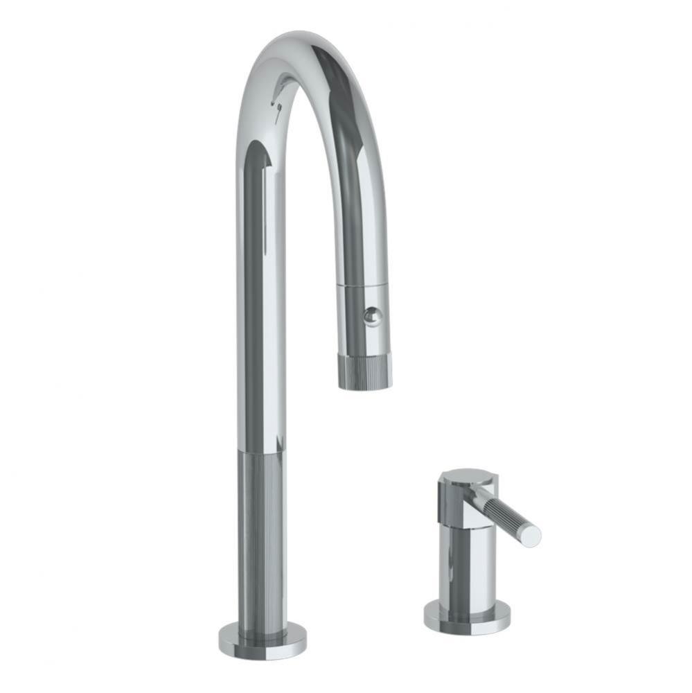 Deck Mounted 2 Hole Gooseneck Prep Faucet with Pull Down Spray