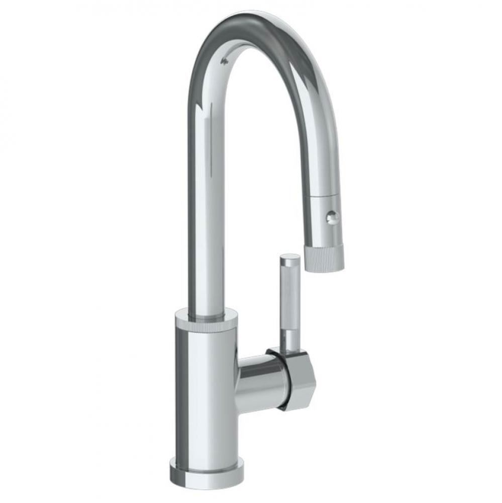Deck Mounted 1 Hole Gooseneck Prep Faucet with Pull Down Spray