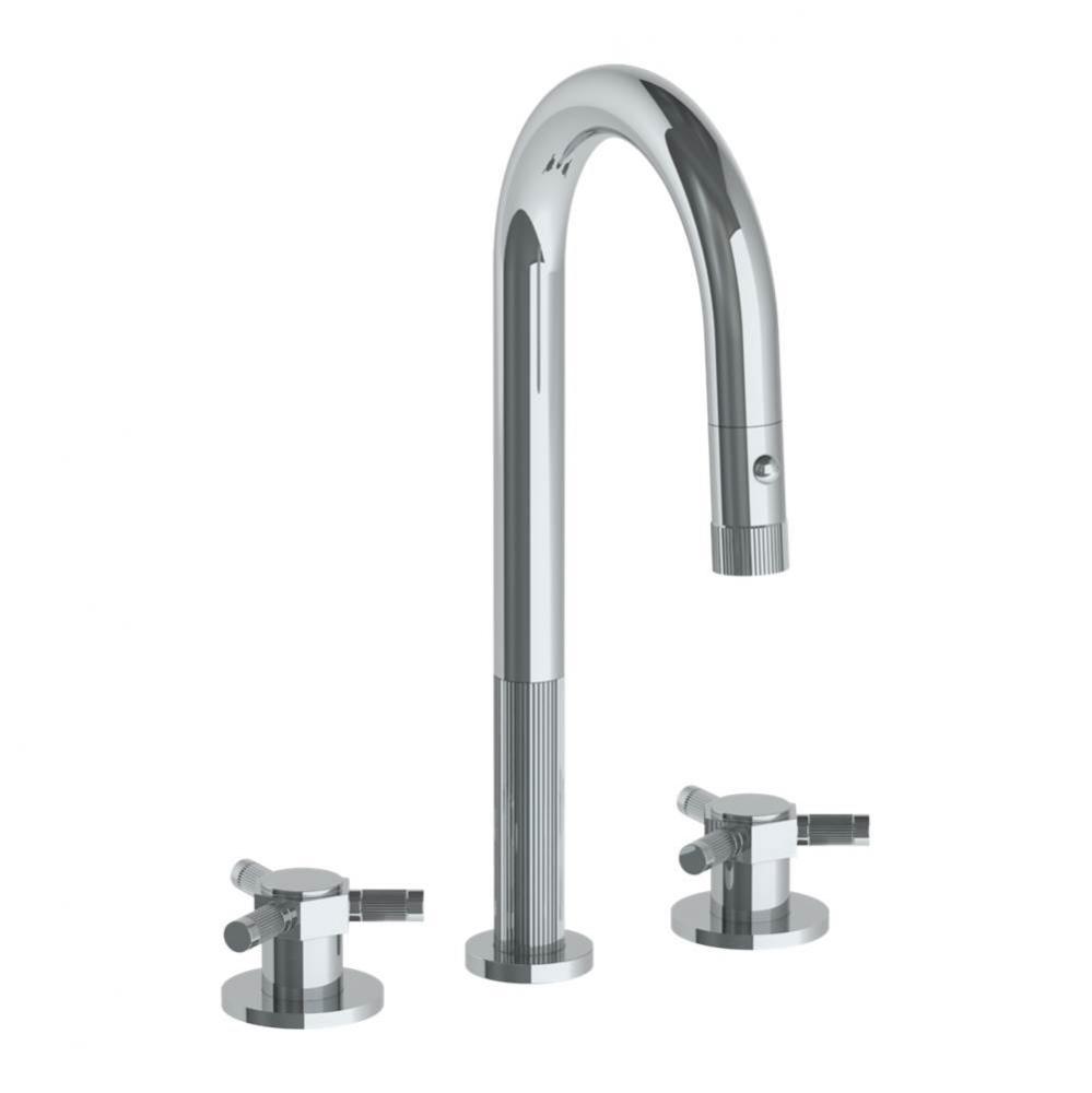 Deck Mounted 3 Hole Gooseneck Prep Faucet with Pull Down Spray