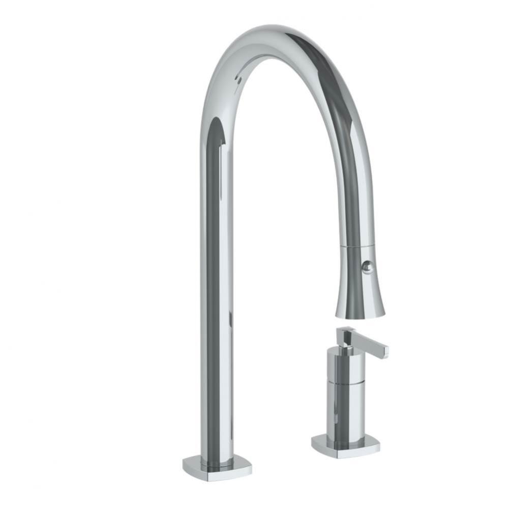 Deck Mounted 2 Hole Gooseneck Kitchen Faucet with Pull Down Spray