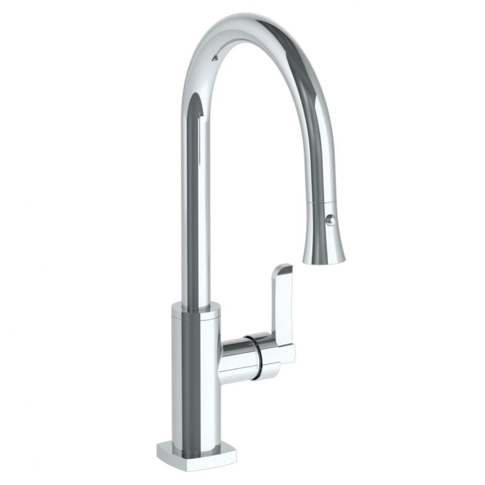 Deck Mounted 1 Hole Gooseneck Kitchen Faucet with Pull Down Spray - High Spout