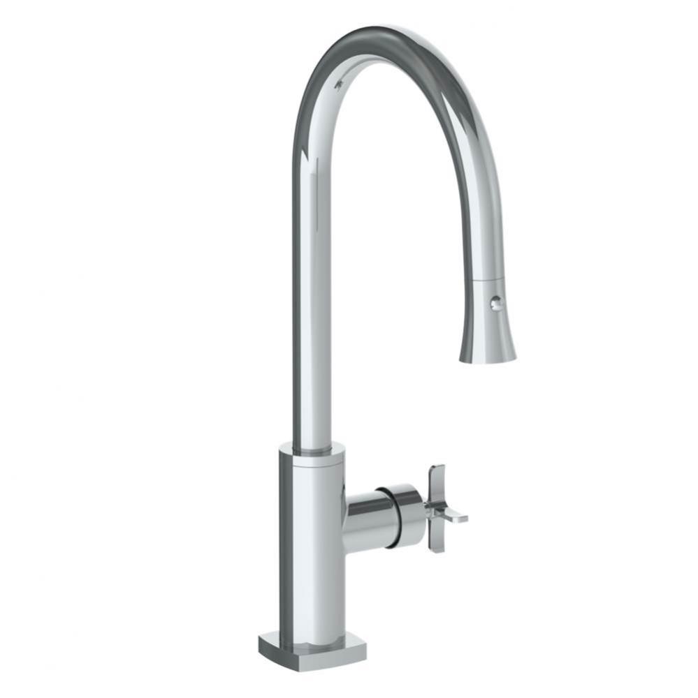 Deck Mounted 1 Hole Gooseneck Kitchen Faucet with Pull Down Spray - High Spout