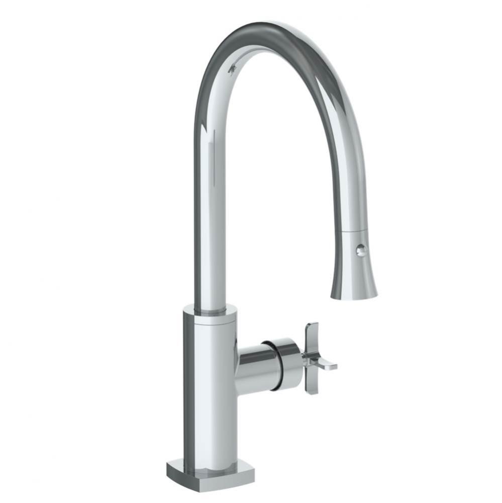 Deck Mounted 1 Hole Gooseneck Kitchen Faucet with Pull Down Spray - Low Spout