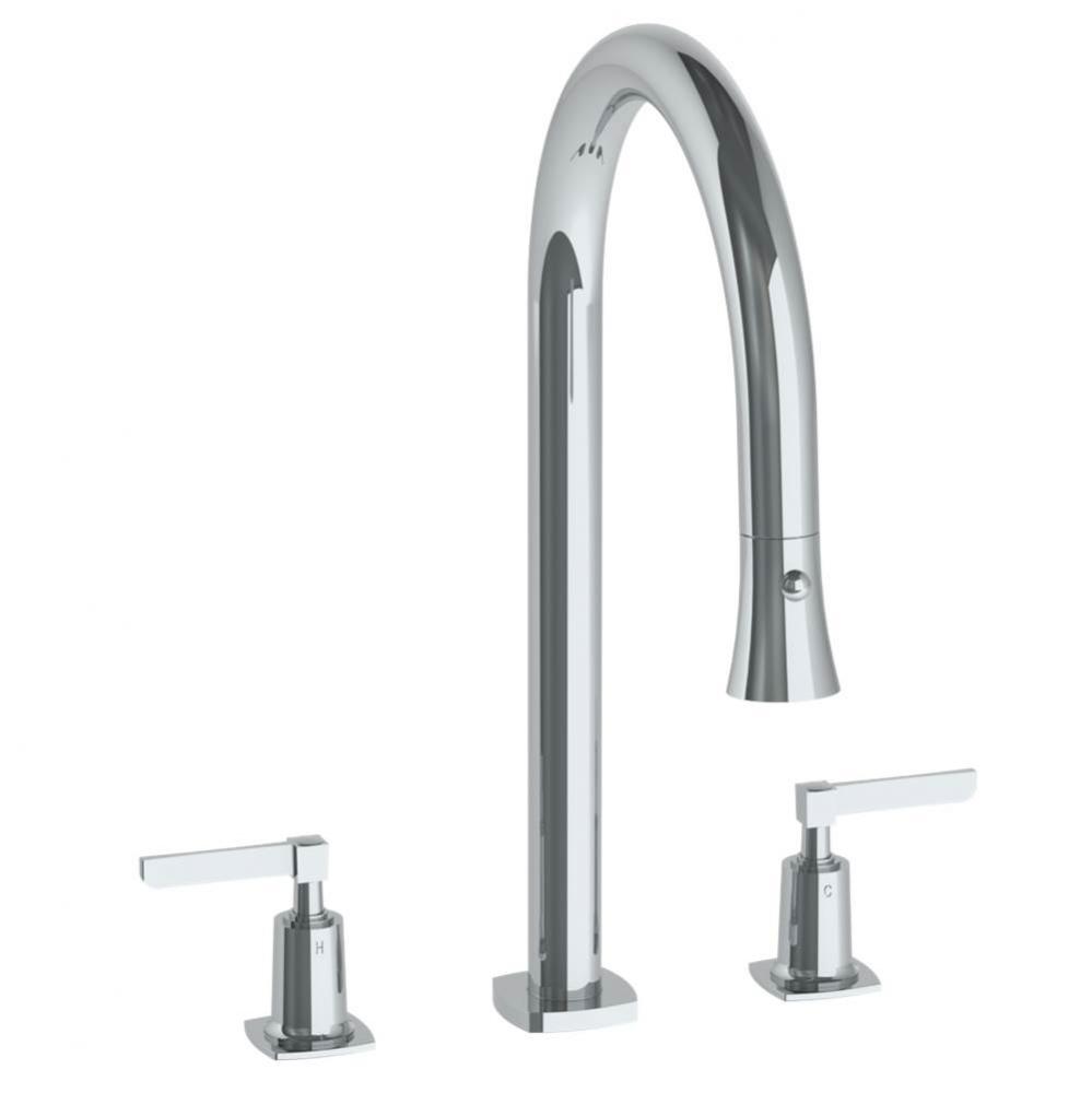 Deck Mounted 3 Hole Gooseneck Kitchen Faucet with Pull Down Spray