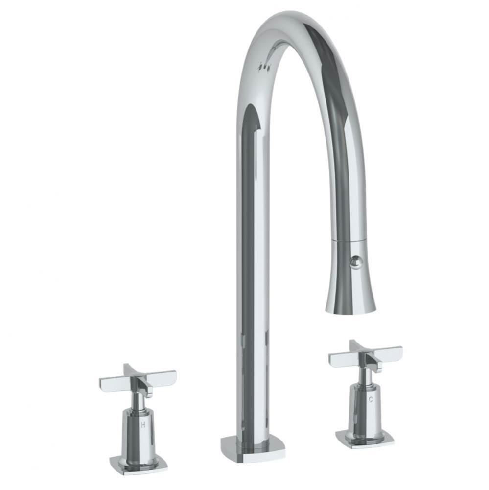 Deck Mounted 3 Hole Gooseneck Kitchen Faucet with Pull Down Spray
