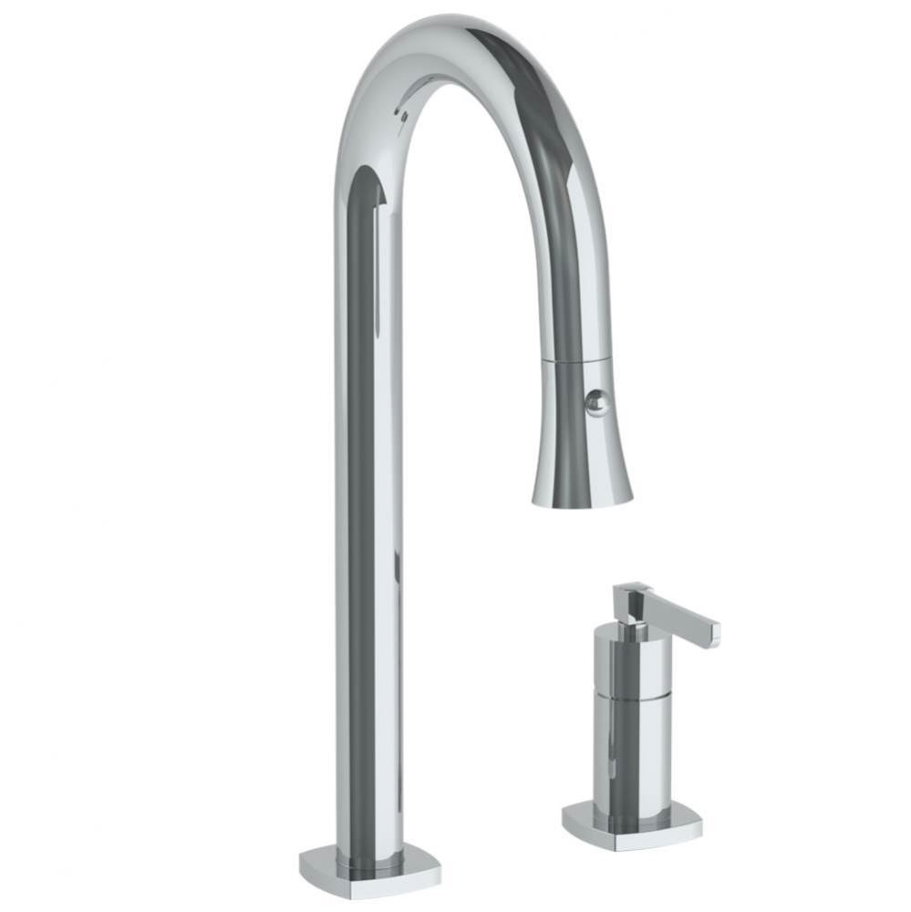 Deck Mounted 2 Hole Gooseneck Prep Faucet with Pull Down Spray