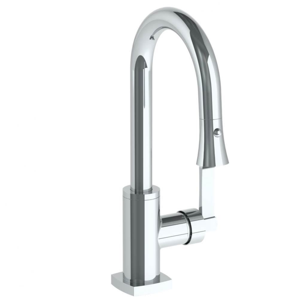 Deck Mounted 1 Hole Gooseneck Prep Faucet with Pull Down Spray