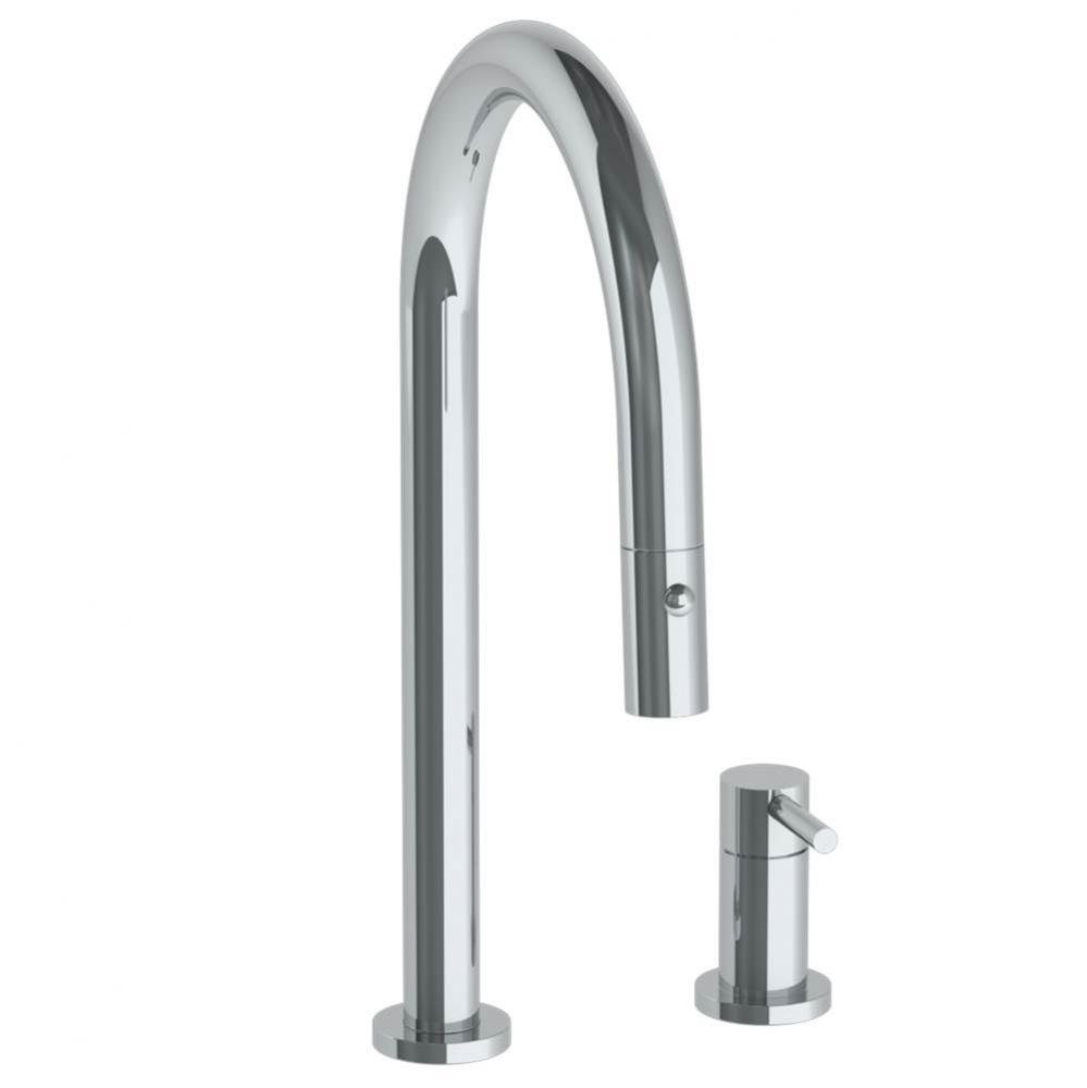 Deck Mounted 2 Hole Gooseneck Kitchen Faucet with Pull Down Spray