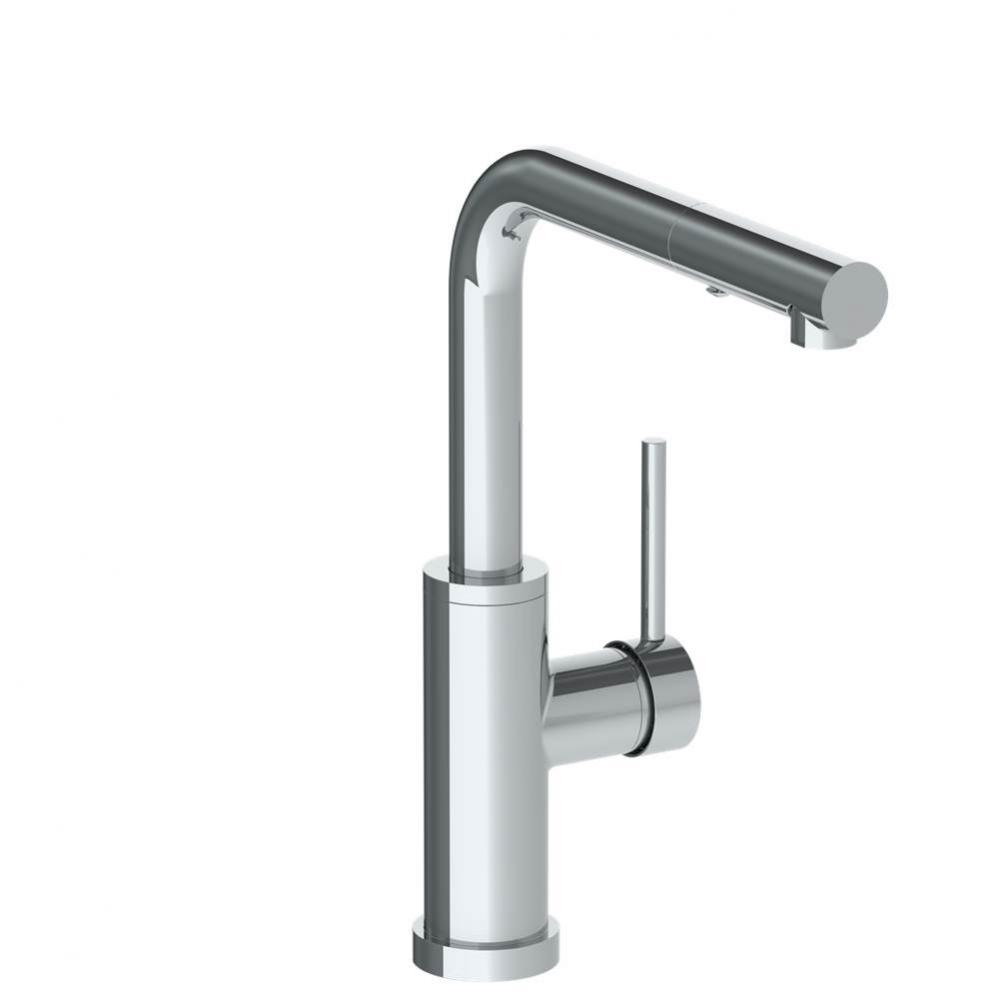 Deck Mounted 1 Hole Square Top Kitchen Faucet with Pull Out Spray - Low Spout