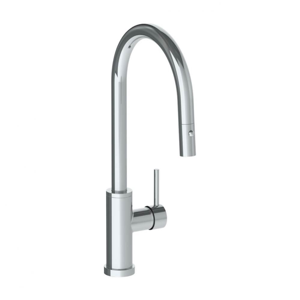 Deck Mounted 1 Hole Gooseneck Kitchen Faucet with Pull Down Spray - High Spout