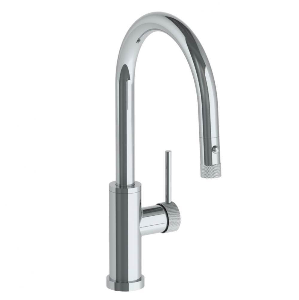 Deck Mounted 1 Hole Gooseneck Kitchen Faucet with Pull Down Spray - Low Spout