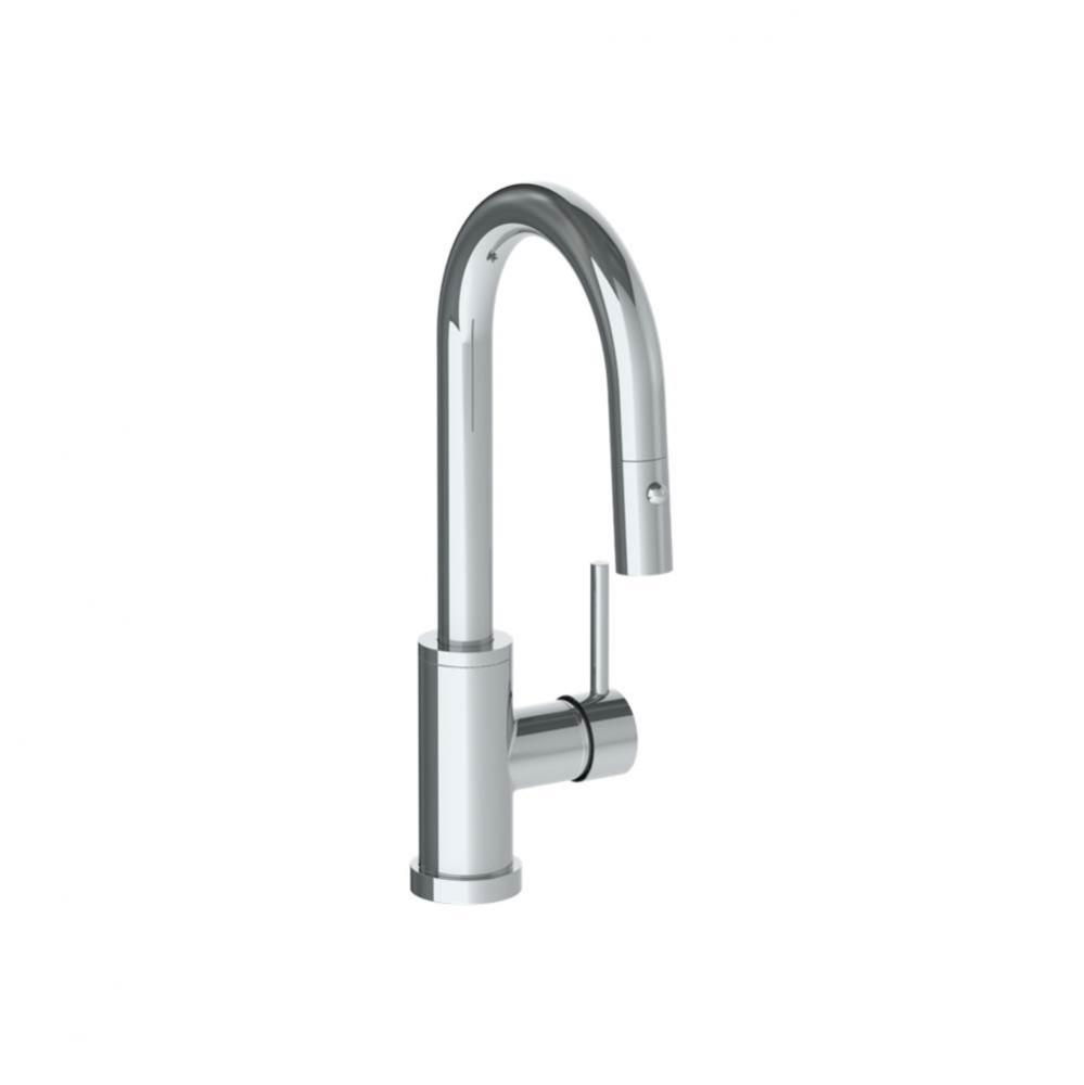 Deck Mounted 1 Hole Gooseneck Prep Faucet with Pull Down Spray