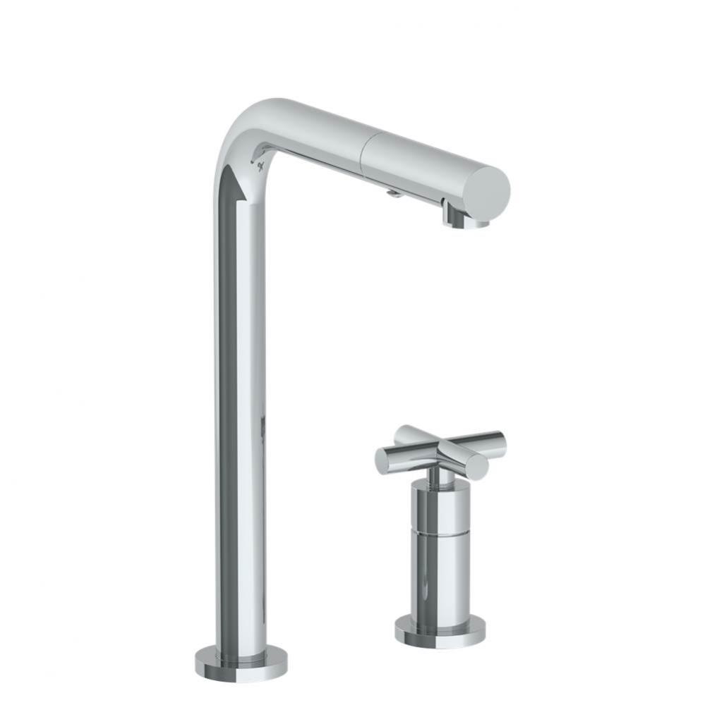 Deck Mounted 2 Hole Square Top Kitchen Faucet with Pull Out Spray