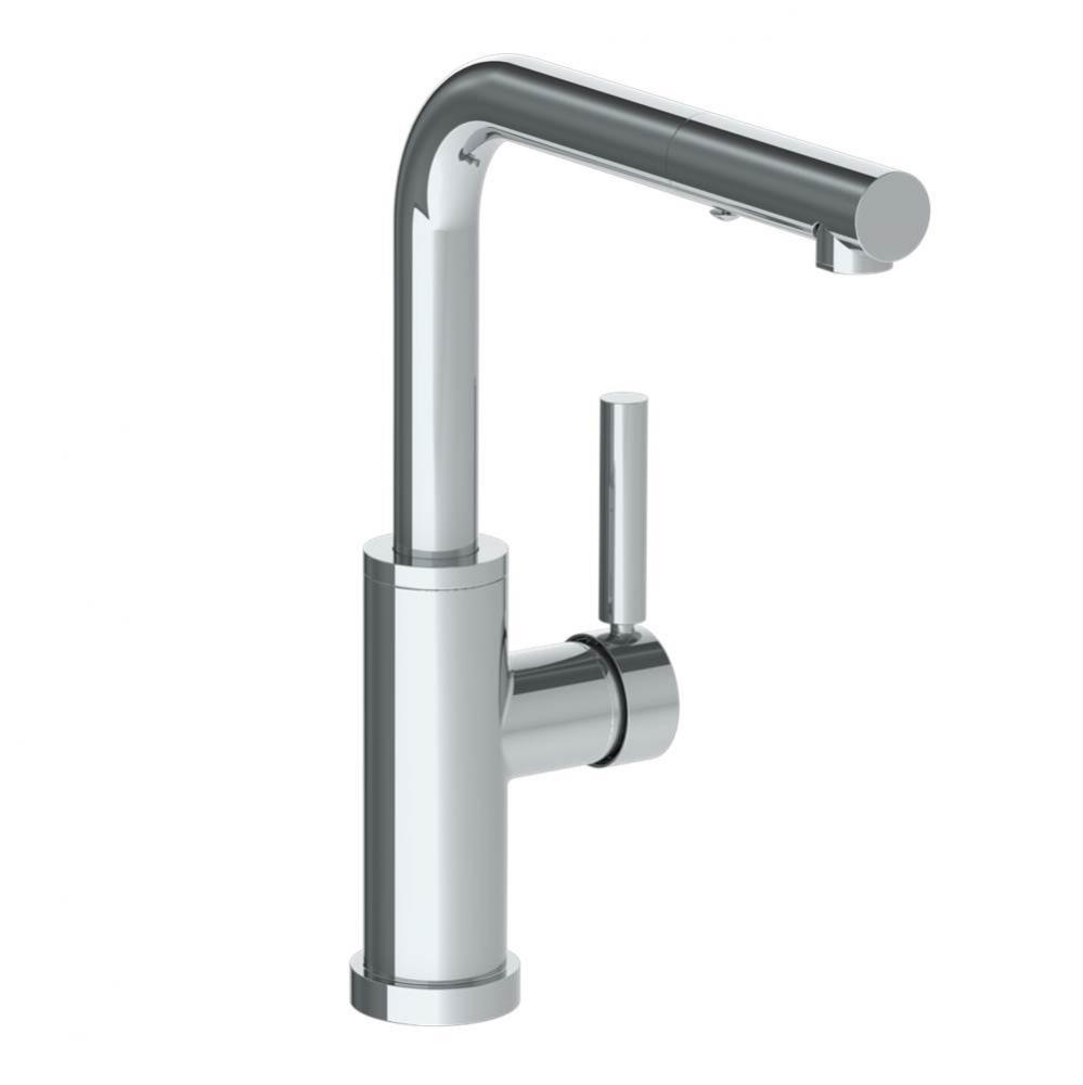 Deck Mounted 1 Hole Square Top Kitchen Faucet with Pull Out Spray -Low Spout