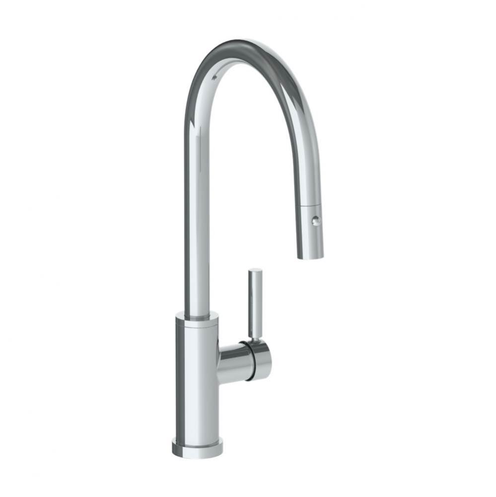 Deck Mounted 1 Hole Gooseneck Kitchen Faucet with Pull Down Spray - High Spout