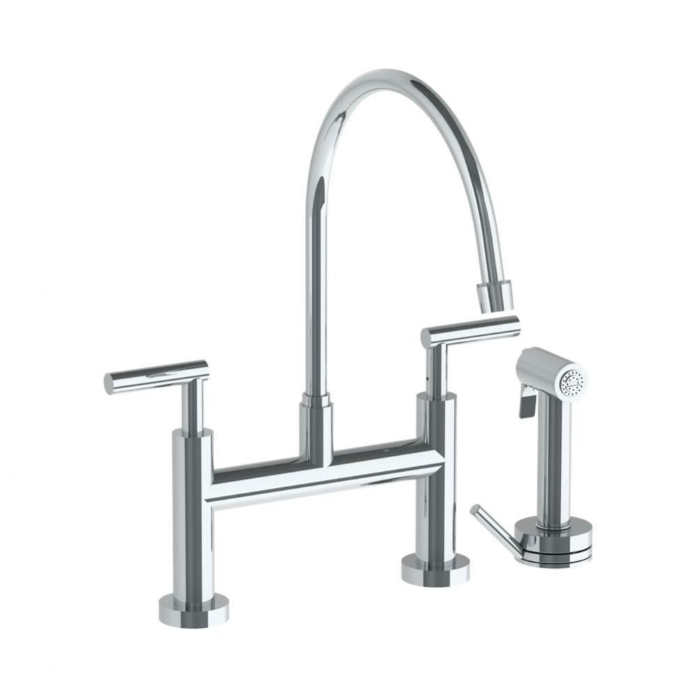 Deck Mounted Bridge Extended Gooseneck Kitchen Faucet with Independent Side Spray