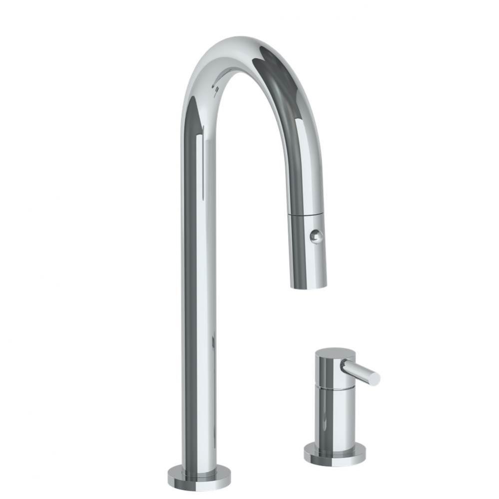 Deck Mounted 2 Hole Gooseneck Prep Faucet with Pull Down Spray