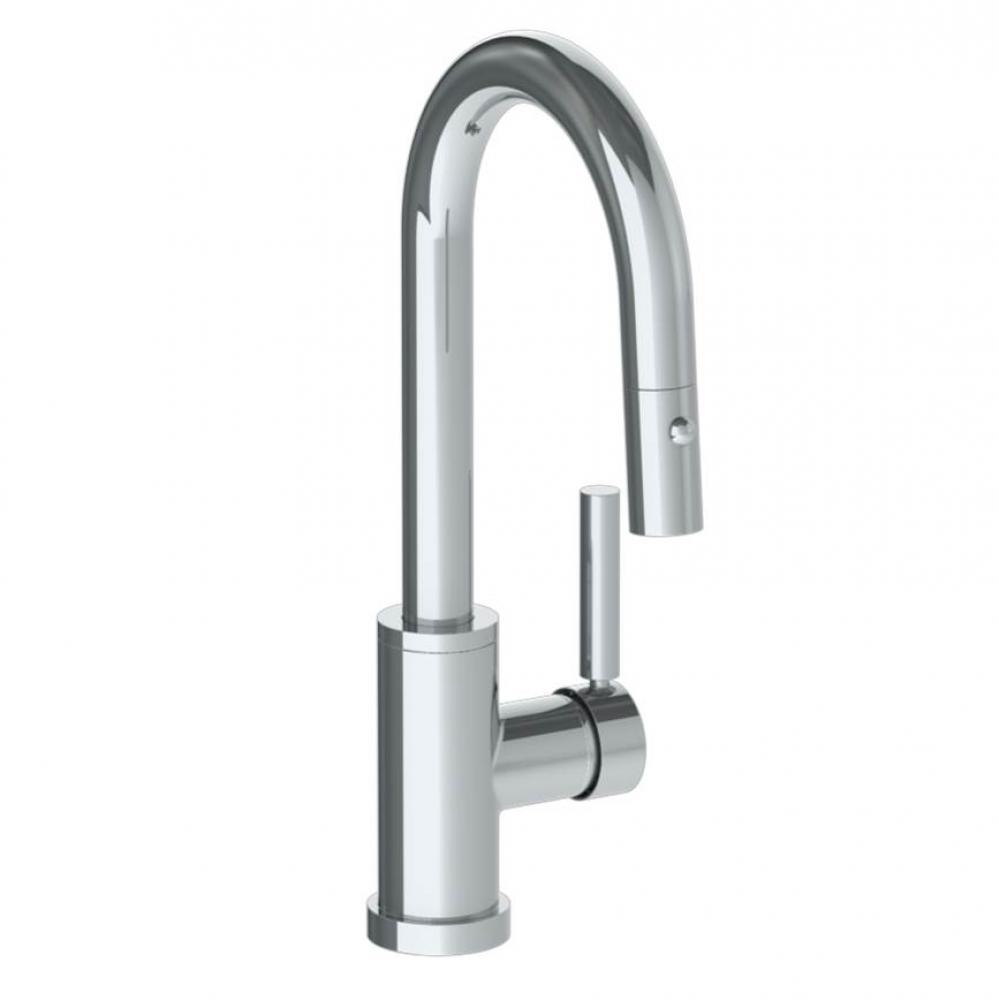 Deck Mounted 1 Hole Gooseneck Prep Faucet with Pull Down Spray