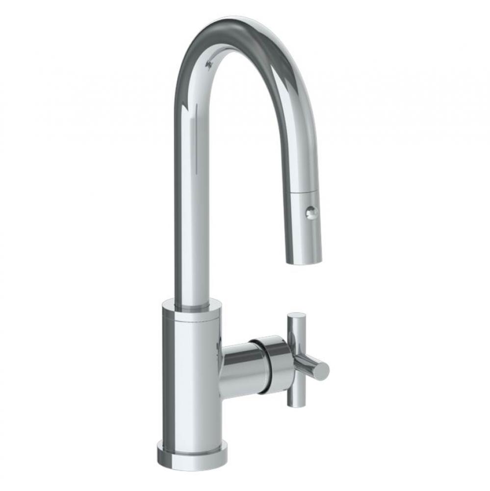 Deck Mounted 1 Hole Gooseneck Prep Faucet with Pull Down Spray