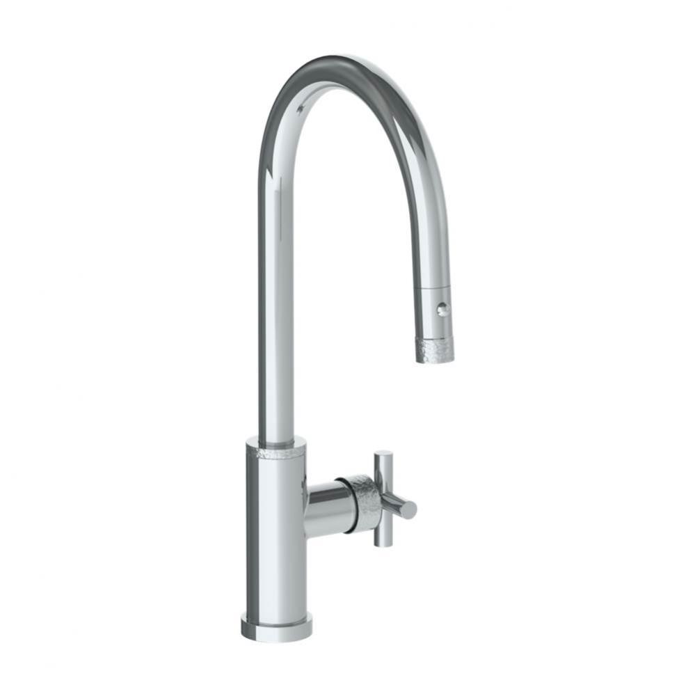 Deck Mounted 1 Hole Gooseneck Kitchen Faucet with Pull Down Spray - High Spout