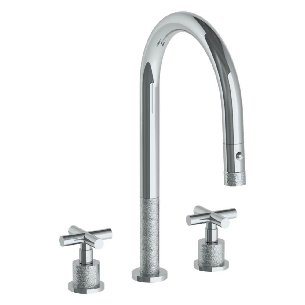 Deck Mounted 3 Hole Gooseneck Kitchen Faucet with Pull Down Spray