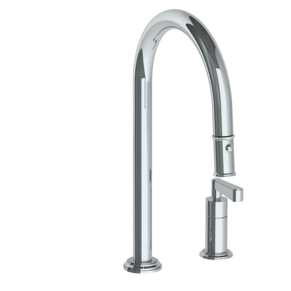 Deck Mounted 2 Hole Gooseneck Kitchen Faucet with Pull Down Spray