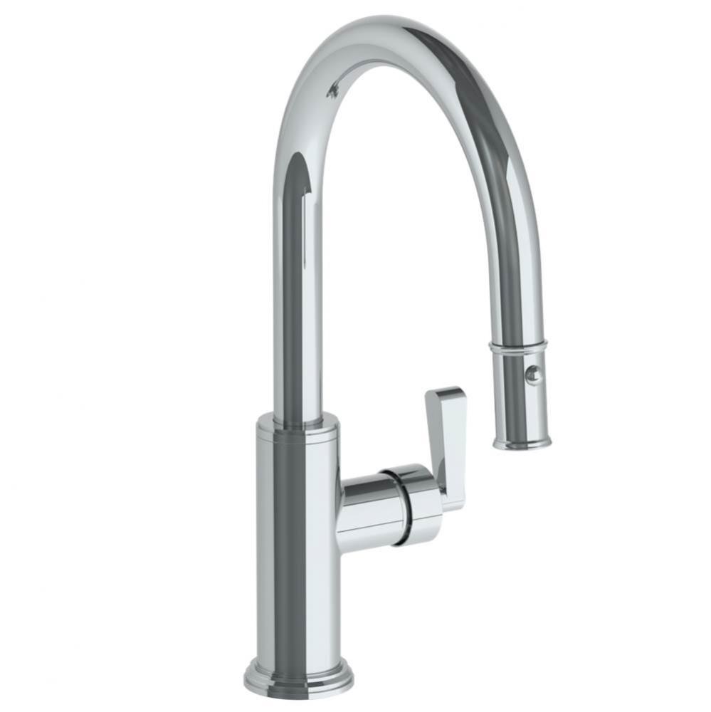 Deck Mounted 1 Hole Gooseneck Kitchen Faucet with Pull Down Spray - Low Spout