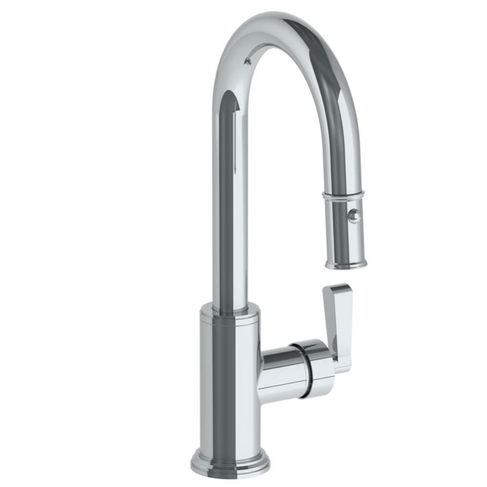 Deck Mounted 1 Hole Gooseneck Prep Faucet with Pull Down Spray
