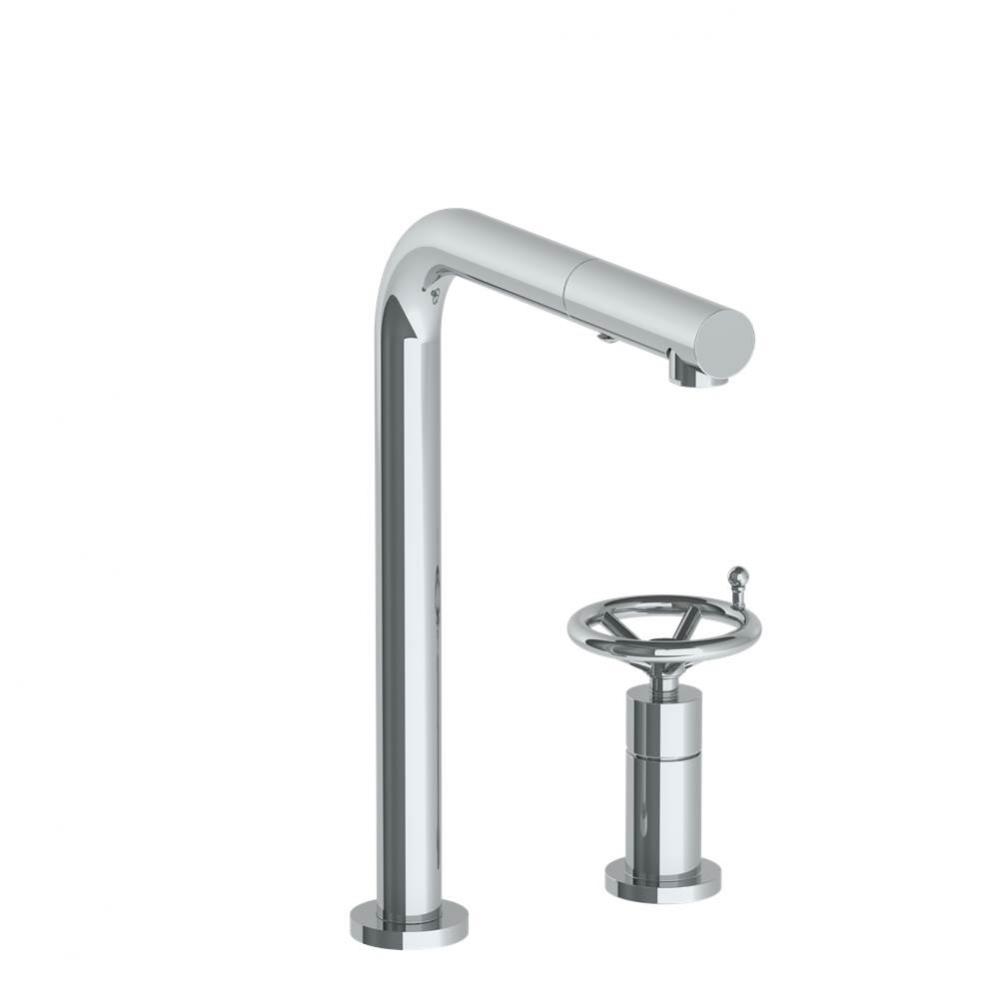 Deck Mounted 2 Hole Square Top Kitchen Faucet with Pull Out Spray