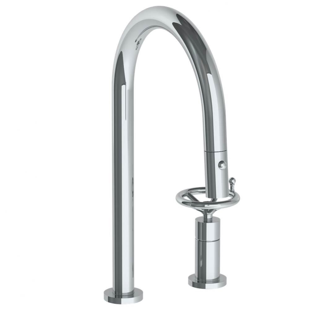 Deck Mounted 2 Hole Gooseneck Kitchen Faucet with Pull Down Spray