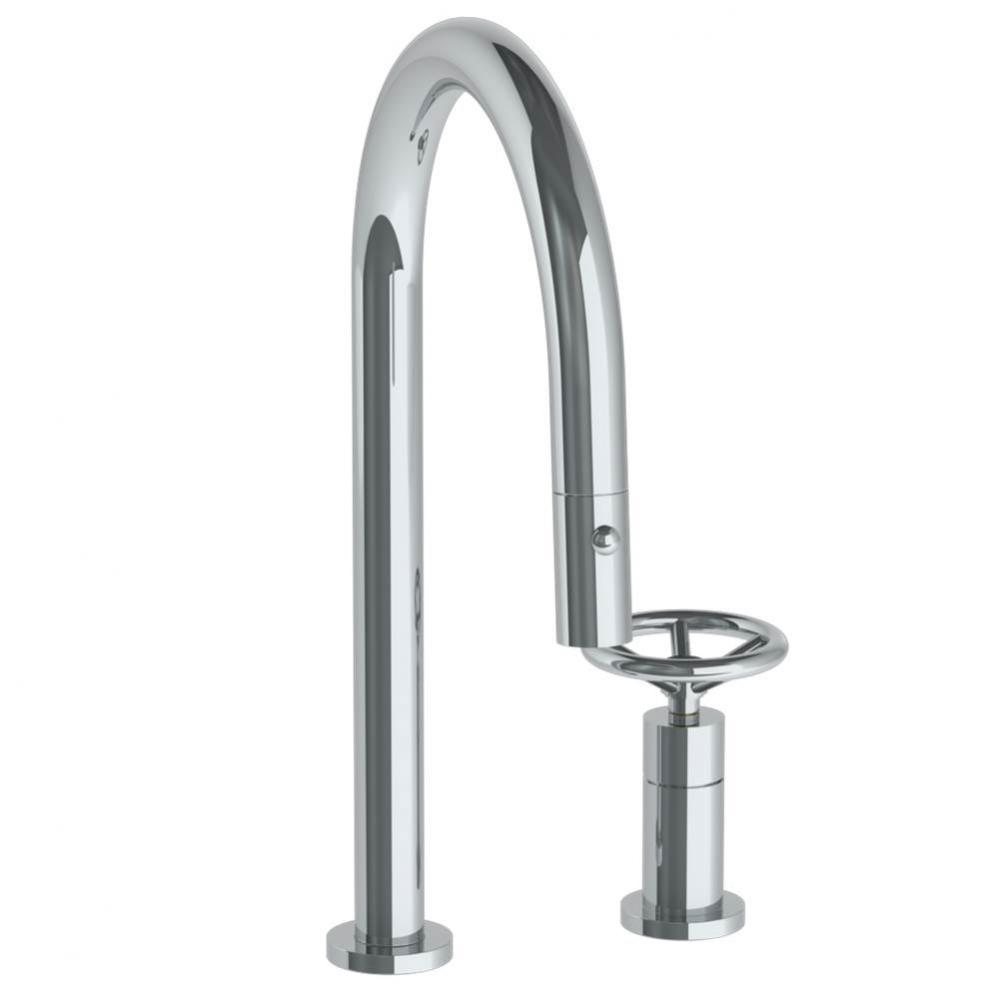 Deck Mounted 2 Hole Gooseneck Kitchen Faucet with Pull Down Spray