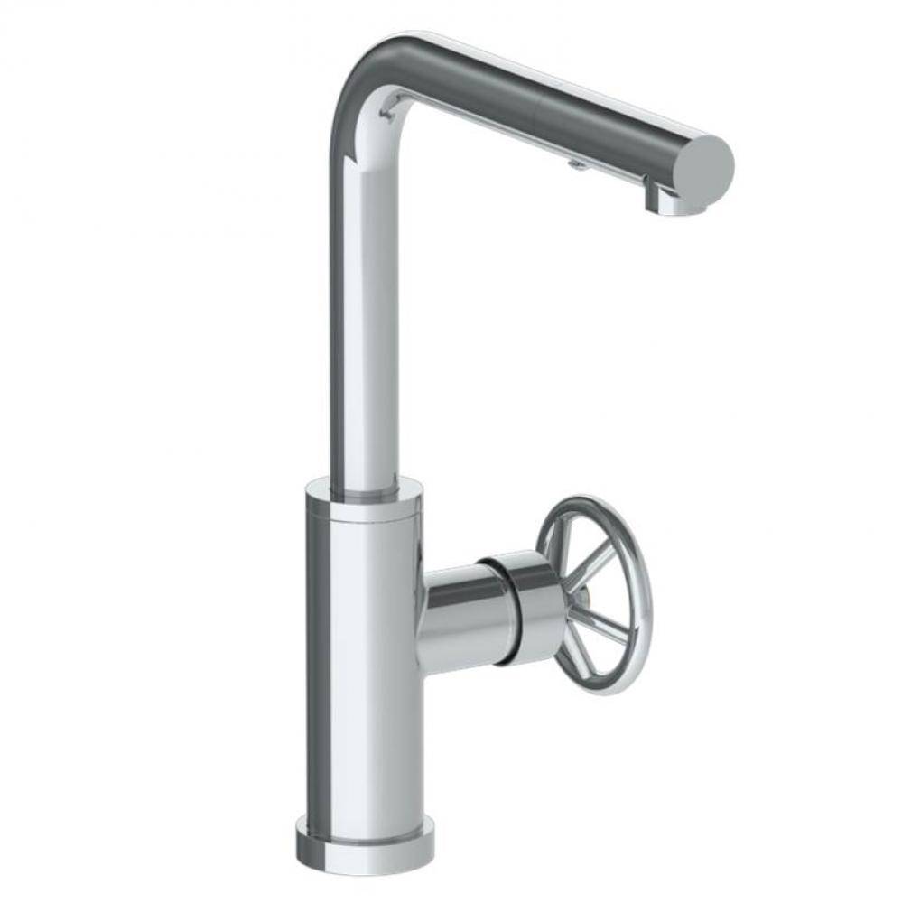 Deck Mounted 1 Hole Square Top Kitchen Faucet with Pull Out Spray -Low Spout