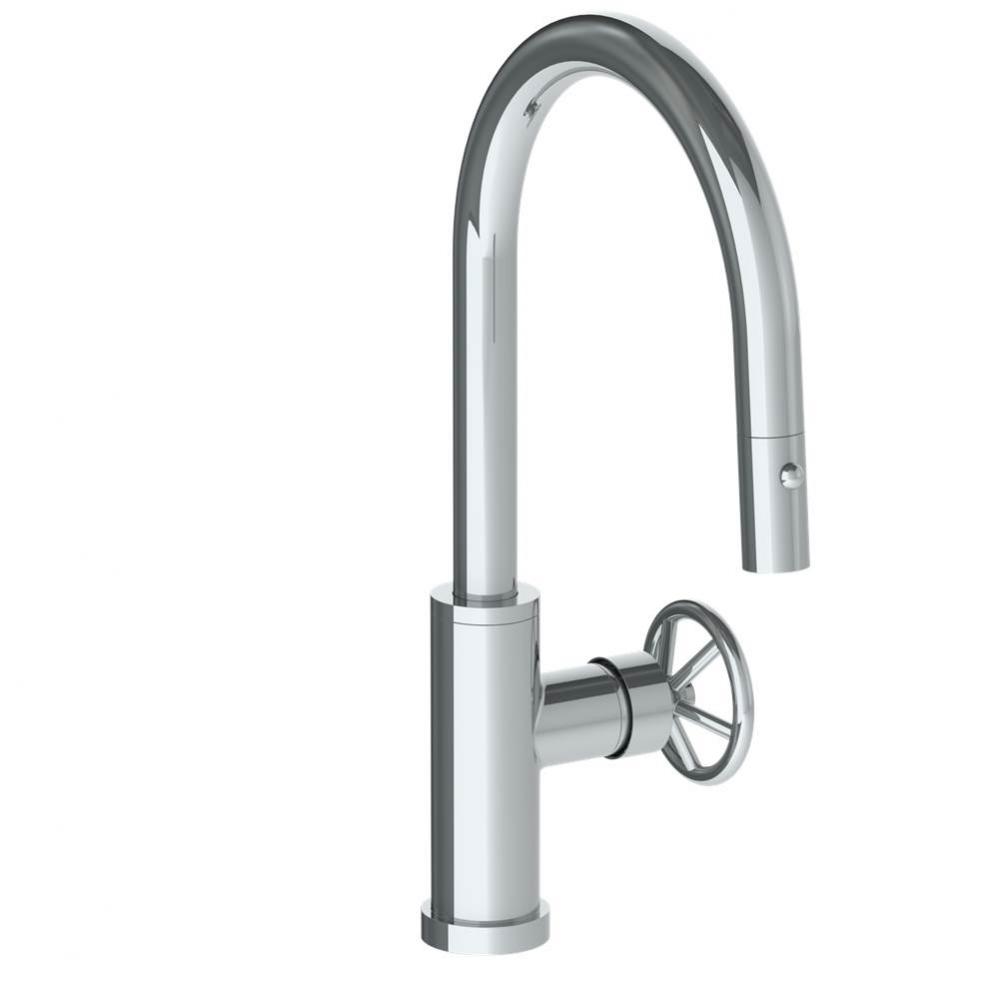 Deck Mounted 1 Hole Gooseneck Kitchen Faucet with Pull Down Spray - Low Spout