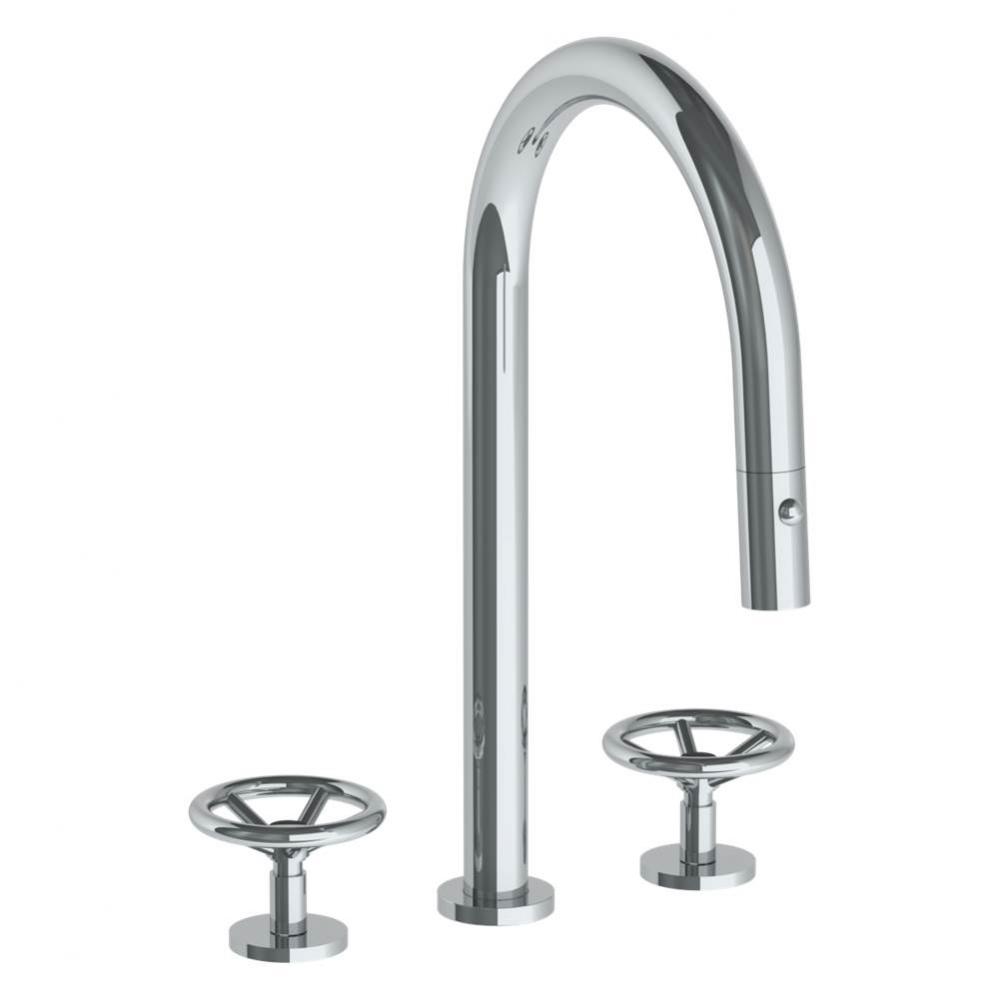 Deck Mounted 3 Hole Gooseneck Kitchen Faucet with Pull Down Spray