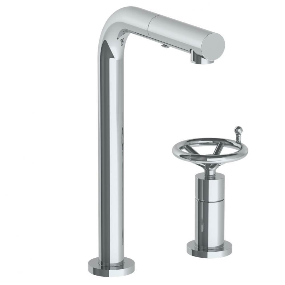 Deck Mounted 2 Hole Square Top Prep Faucet with Pull Out Spray