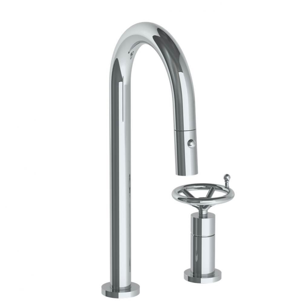 Deck Mounted 2 Hole Gooseneck Prep Faucet with Pull Down Spray