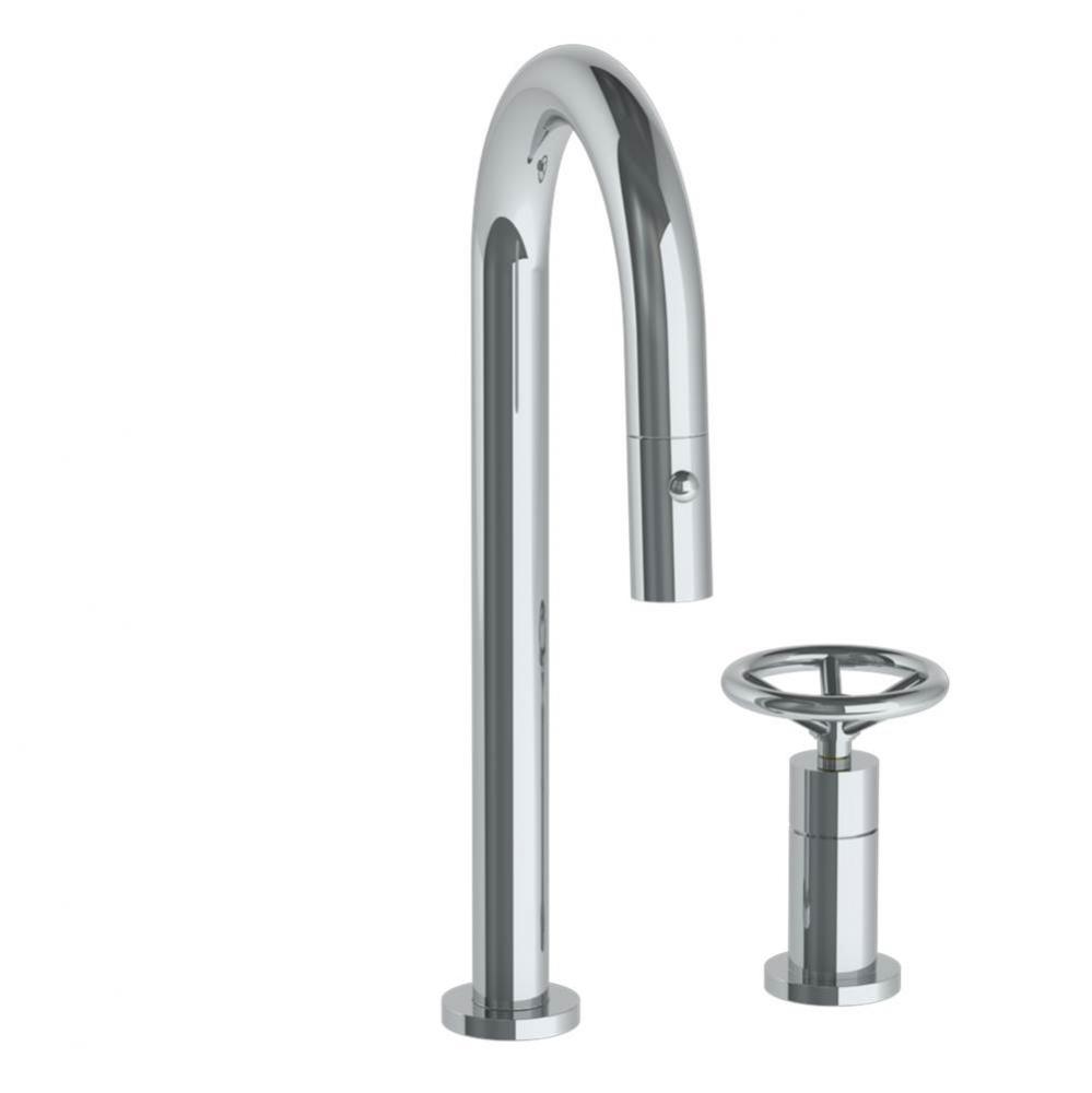 Deck Mounted 2 Hole Gooseneck Prep Faucet with Pull Down Spray