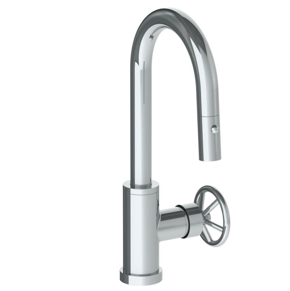Deck Mounted 1 Hole Gooseneck Prep Faucet with Pull Down Spray