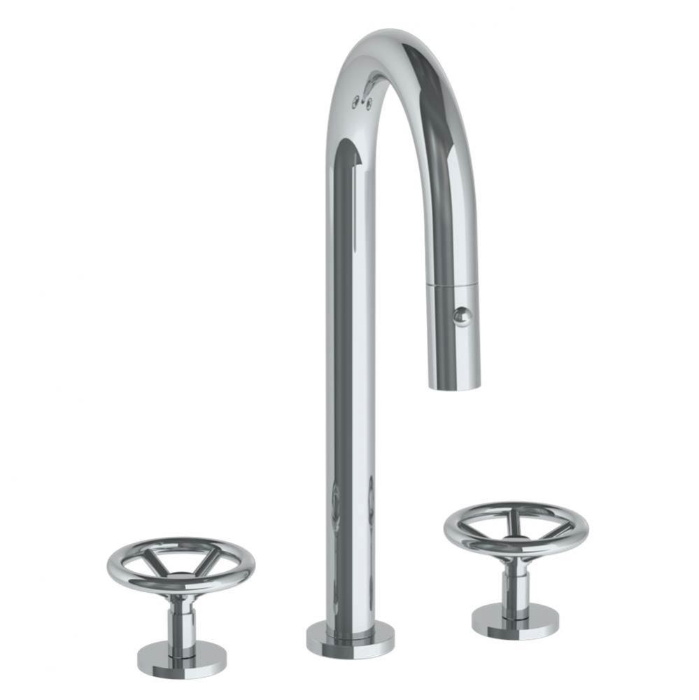 Deck Mounted 3 Hole Gooseneck Prep Faucet with Pull Down Spray