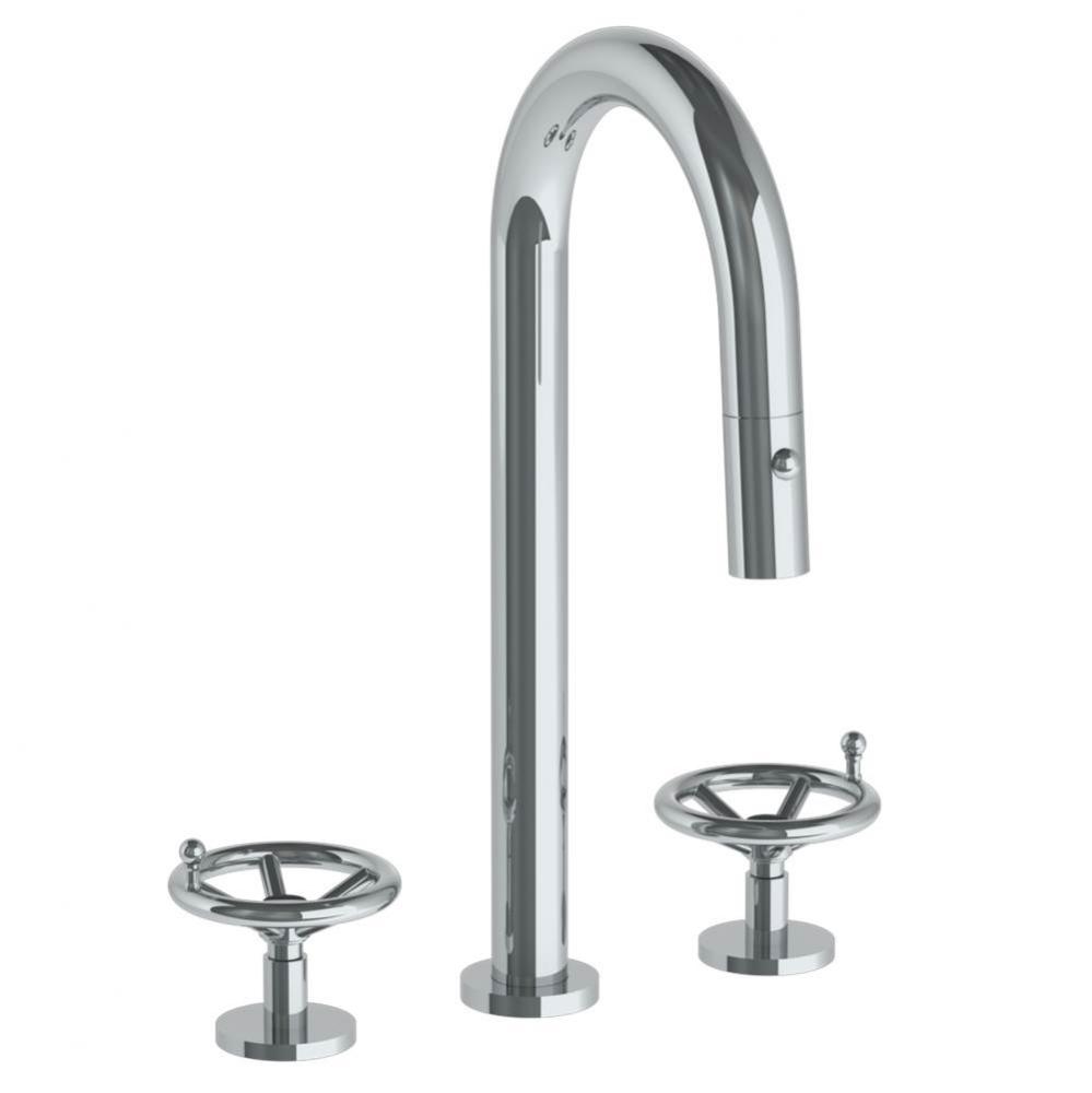 Deck Mounted 3 Hole Gooseneck Prep Faucet with Pull Down Spray