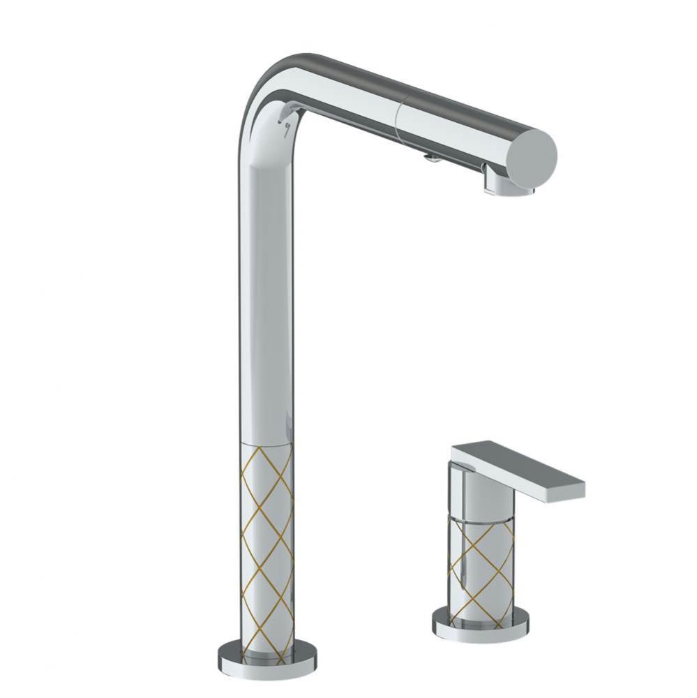 Deck Mounted 2 Hole Square Top Kitchen Faucet with Pull Out Spray