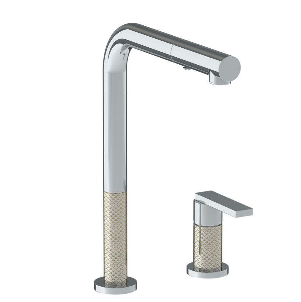 Deck Mounted 2 Hole Square Top Kitchen Faucet with Pull Out Spray