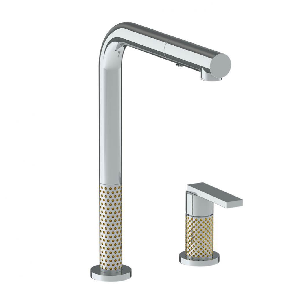 Deck Mounted 2 Hole Square Top Kitchen Faucet with Pull Out Spray