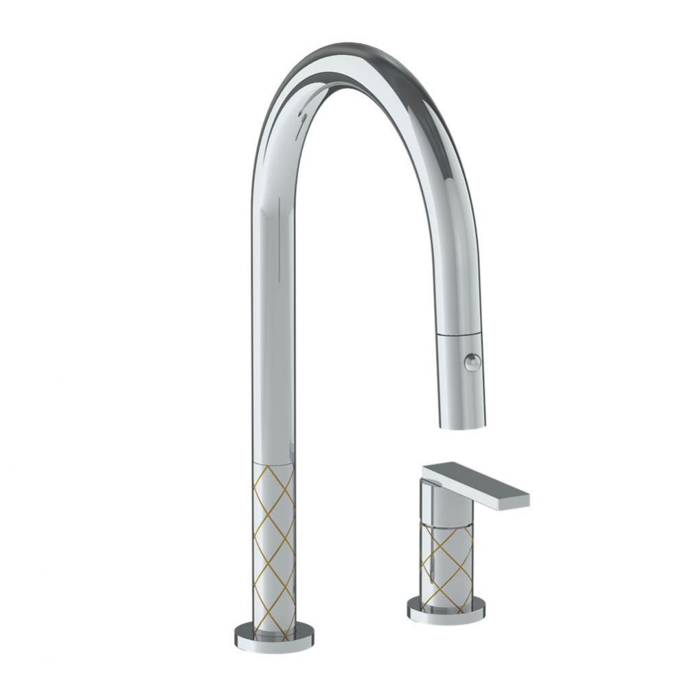 Deck Mounted 2 Hole Gooseneck Kitchen Faucet with Pull Down Spray