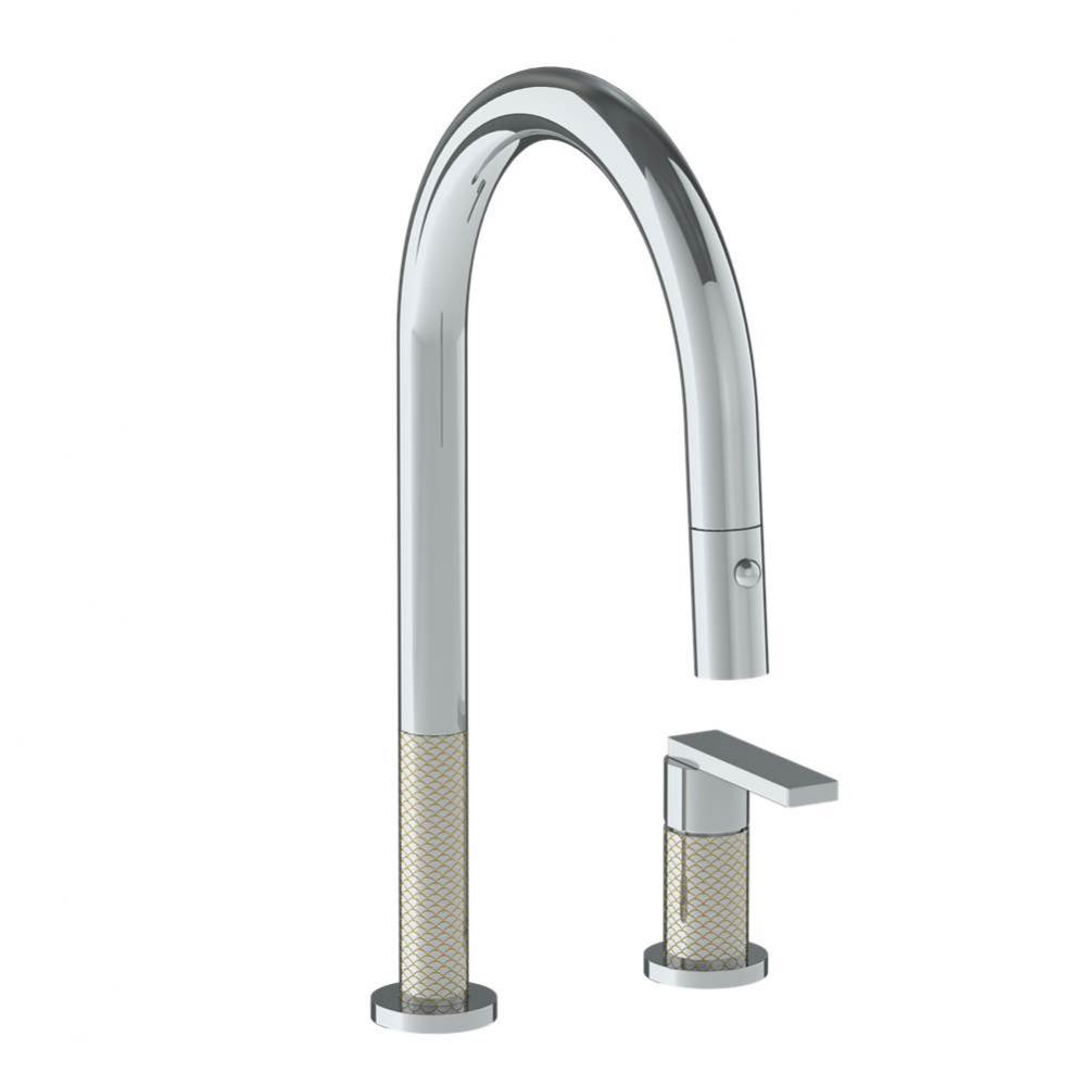 Deck Mounted 2 Hole Gooseneck Kitchen Faucet with Pull Down Spray