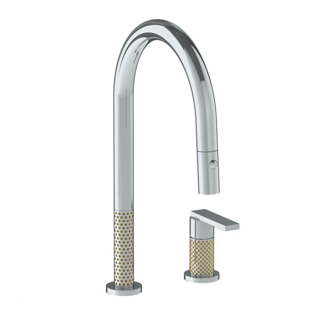 Deck Mounted 2 Hole Gooseneck Kitchen Faucet with Pull Down Spray