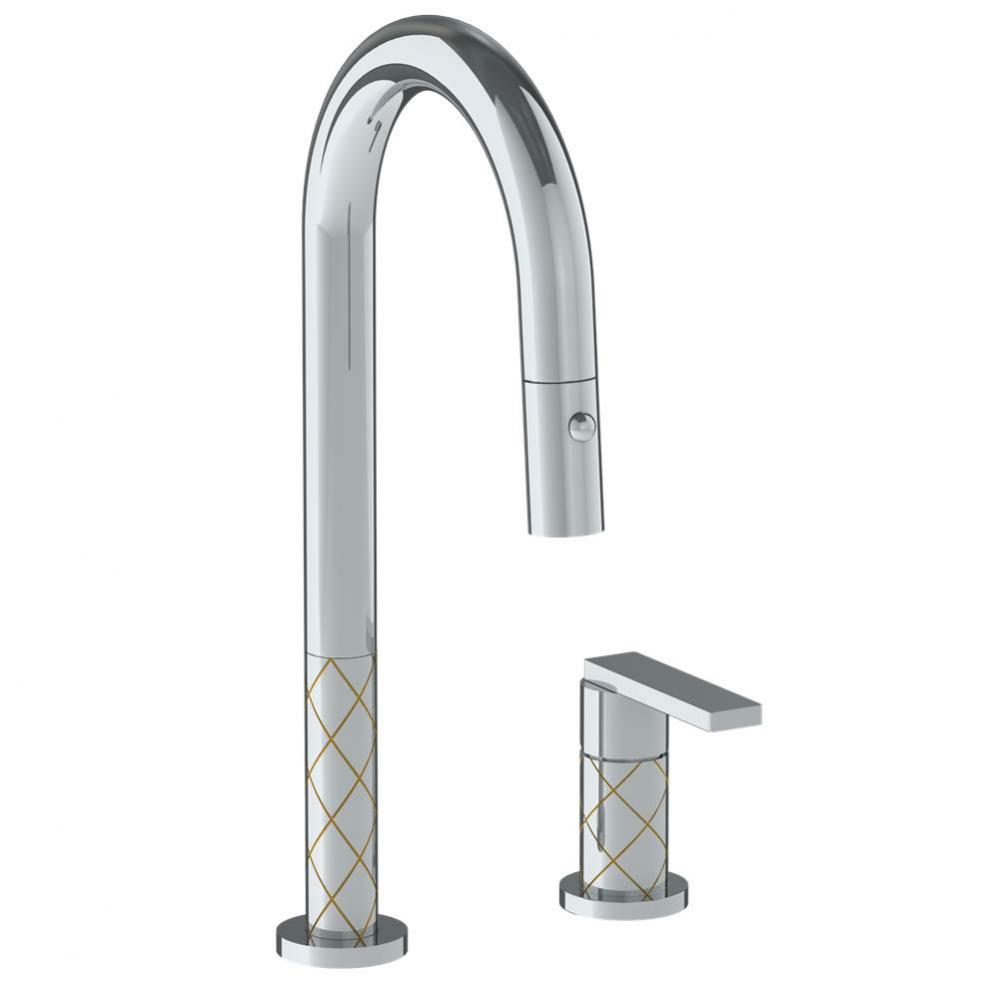 Deck Mounted 2 Hole Gooseneck Prep Faucet with Pull Down Spray